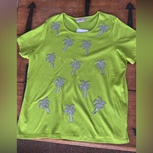 Quacker Factory Neon Lime Short Sleeve Tee with Embroidery